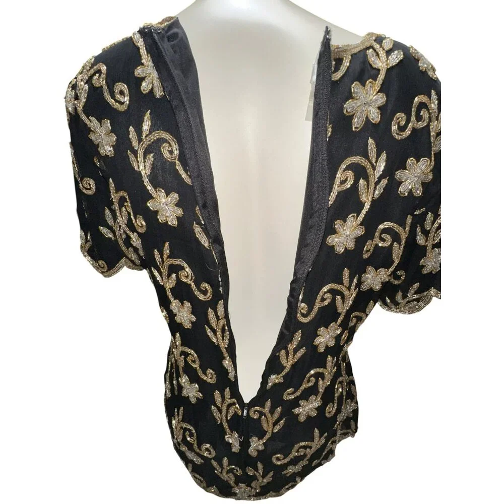 Stenay Small Black Gold All Silk Beaded Sequin Floral Blouse Vintage Evening Top - Picture 7 of 13